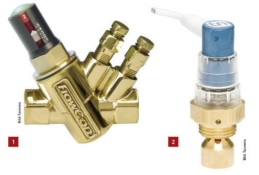 
1 Die Regulierarmaturen von Taconova für den dynamischen hydraulischen Abgleich bieten die Möglichkeit, nach dem Spülen der Leitungsanlage die Regelkartusche einzuschrauben.



2 Das kombinierte Stellantriebsventil TacoDrive vereint Verteilerventil und Stellantrieb zur Volumenstromregulierung an Verteilern für Flächenheizungen und Flächenkühlung.
