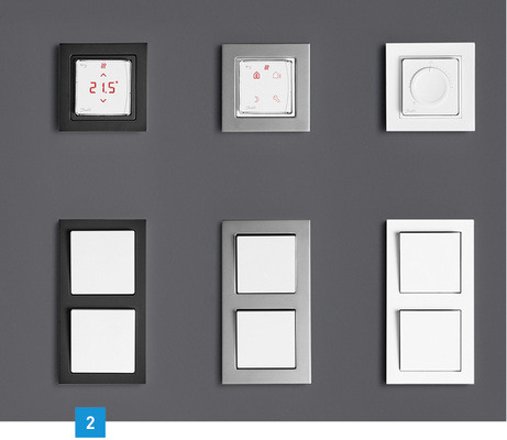 <p>
</p>

<p>
2 Für eine einheitliche Optik zwischen Thermostat, Lichtschalter und Steckdose lässt sich der in drei Versionen verfügbare Icon in gängige Schalterrahmen einpassen.
</p> - © Danfoss

