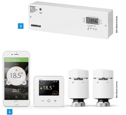 <p>
3 Die EV-Verteilerleisten von Eberle Controls schaffen Übersichtlichkeit bei der Verkabelung von Stellantrieben und Raumtemperaturreglern.
</p>

<p>
4 Das internetbasierte Mehrzonen-Temperaturregelungssystem Wiser kann alle wassergeführten Heizsysteme gemeinsam über eine App steuern. 
</p>