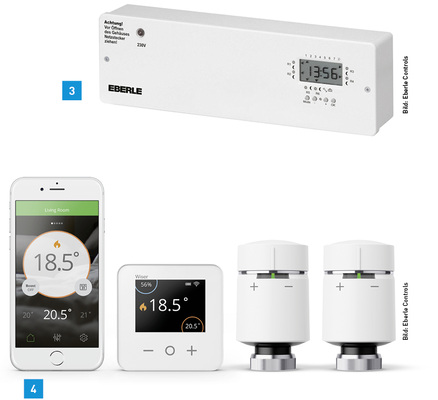 
3 Die EV-Verteilerleisten von Eberle Controls schaffen Übersichtlichkeit bei der Verkabelung von Stellantrieben und Raumtemperaturreglern.



4 Das internetbasierte Mehrzonen-Temperaturregelungssystem Wiser kann alle wassergeführten Heizsysteme gemeinsam über eine App steuern. 
