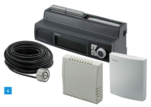 



4 Smatrix Move Pro von Uponor regelt die Vorlauftemperatur für bis zu vier Innen- und Außenzonen und schaltet automatisch um zwischen Heiz- und Kühlbetrieb. 
