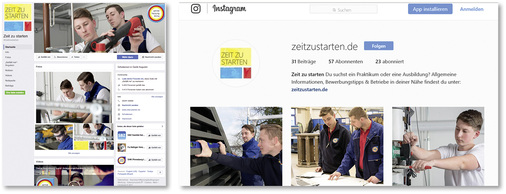 
Soziale Medien im Internet sind ein idealer Kanal für die Nachwuchsgewinnung: Die Kampagne „Zeit zu starten“ ist auf Facebook und Instagram zu finden. 
