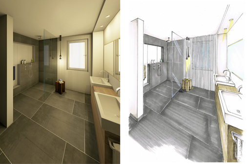 

Beide Bilder haben ihren Reiz, wirken aber verschieden auf den Betrachter: Die Handzeichnung ist wie ein Entwurf anzusehen und lässt noch Spielraum in der Auslegung, die fotorealistische Darstellung dagegen vermittelt einen fertigen Raum.





