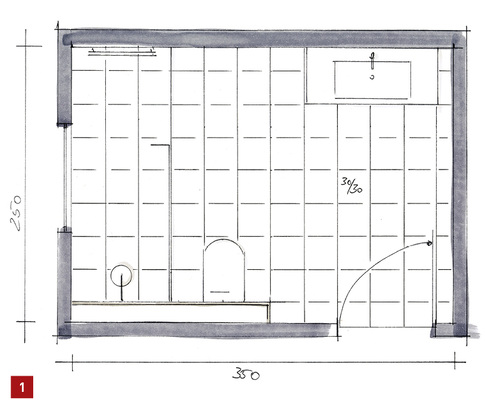 
Raumgestaltung mit Fliesen im Format 30 cm × 30 cm.



