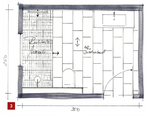 
3 Raumgestaltung mit Fliesen im Format 60 cm × 30 cm – längs verlegt.



