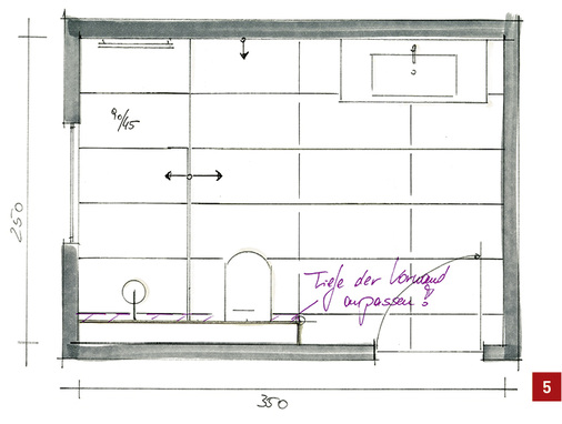 
Raumgestaltung mit Fliesen im Format 90 cm × 45 cm.



