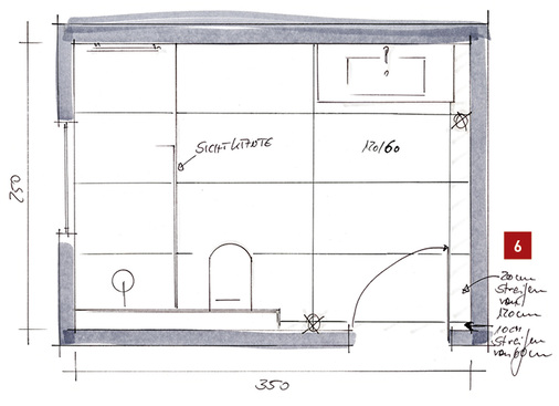 
Raumgestaltung mit Fliesen im Großformat 120 cm × 60 cm. Schmale Fliesenstreifen sollten nicht entstehen.



