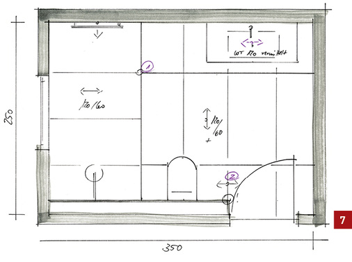 
Gelungene Raumgestaltung mit Fliesen im Großformat von 120 cm × 60 cm. Bezugskanten sind die Markierungen 1 und 2. 



