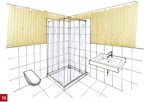 
Teilverfliesung mit hohen Verfliesungen im Duschbereich.



