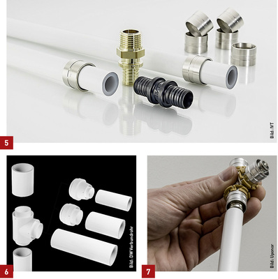 <p>
5 Das Schiebehülsen-Rohrinstallationssystem Prineto von IVT.
</p>

<p>
6 Schweißtechnik bei Mehrschichtverbundrohren von Multitubo systems.
</p>

<p>
7 Bei der Pressfittingtechnologie wird das Rohr in den Fitting eingeschoben und anschließend verpresst.
</p>