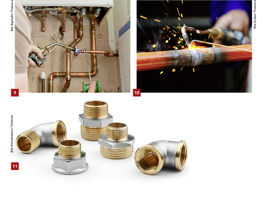 <p>
9 Löten ist ein thermisches Verfahren zum stoffschlüssigen Fügen von Metallen wie Kupfer.
</p>

<p>
10 Die Verbindungsart Schweißen gehört kaum noch zur SHK-Ausbildung.
</p>

<p>
11 Das Schrauben zählt zu den lösbaren Verbindungen.
</p>