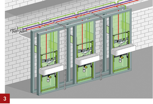 
Installationsbeispiel aus einer Pflegeeinrichtung mit Verteilleitungen in der abgehängten Decke und ebenfalls horizontal endendem PWH-C-System.
