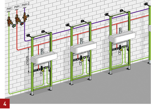 
Installationsbeispiel einer Reihenanlage: Die Dämmung der Trinkwasserleitung PWH sorgt in Kombination mit den Absorptionsflächen für die geringen Wärmelasten dafür, dass der Temperaturanstieg in der Vorwand unkritisch bleibt.
