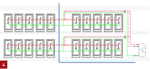 
Beispiel für eine Reihenduschanlage in einer Sportstätte mit Einbindung der Zirkulation an die Zapfstellen. Die abzweigenden WW-Einzelanschlüsse stagnieren und erwärmen sich aufgrund der stetigen Zirkulation.
