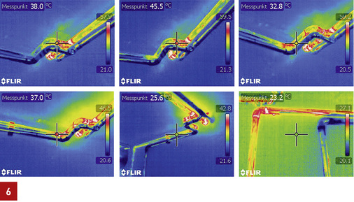 <p>
Die Infrarotaufnahmen zeigen deutlich, wie sich die von der Warmwasserzirkulation abzweigende Stichleitung schrittweise in kritische Temperaturbereiche erwärmt.
</p>