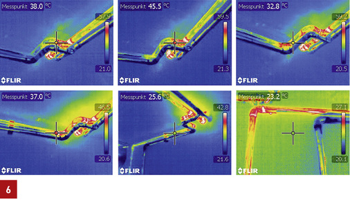 
Die Infrarotaufnahmen zeigen deutlich, wie sich die von der Warmwasserzirkulation abzweigende Stichleitung schrittweise in kritische Temperaturbereiche erwärmt.
