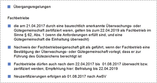 <p>
</p>

<p>
Am 1. August 2017 trat die AwSV in Kraft und gewährt der SHK-Berufsorganisation eine Übergangszeit bis zum 22. April 2019 für die Neustrukturierung der ÜWG-SHK.
</p> - © ZVSHK

