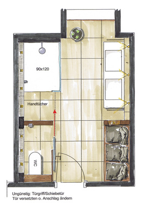 





Ein typisches Bad soll für zwei Teenager umgebaut werden. Dabei klaffte das Nutzerverhalten beim Duschen auseinander: einer wünscht sich eine offen Dusche, der andere eine geschlossene gegen Zug beim Duschen.

