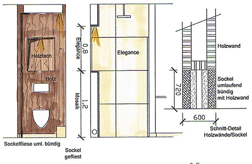 
Edler WC-Platz: Eine Wand aus wasserfestem Holzwerkstoff. 



