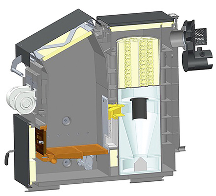 



Das Bild zeigt den Aufbau beziehungsweise einen Querschnitt im Heizkessel mit den drei Bestandteilen des LEVS: Rechts unten zu sehen ist die Zyklonbrennkammer, darüber die Einbauten. Darum gruppiert sich das Drei-Gebläse-System, links Primär- und Sekundärluftgebläse, rechts davon das Saugzuggebläse.
