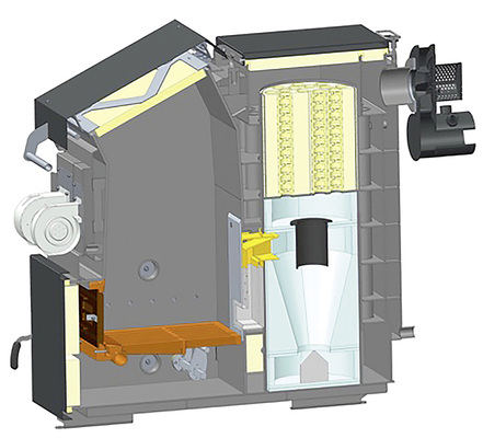 <p>
</p>

<p>
Das Bild zeigt den Aufbau beziehungsweise einen Querschnitt im Heizkessel mit den drei Bestandteilen des LEVS: Rechts unten zu sehen ist die Zyklonbrennkammer, darüber die Einbauten. Darum gruppiert sich das Drei-Gebläse-System, links Primär- und Sekundärluftgebläse, rechts davon das Saugzuggebläse.
</p> - © Fraunhofer IBP

