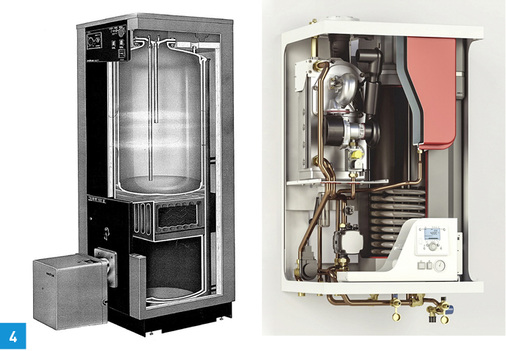 
4 Heiztechnik von früher (Alphabloc CB20, mannshoch) und heute (WGB 20-K Serie H, wandhängend).



