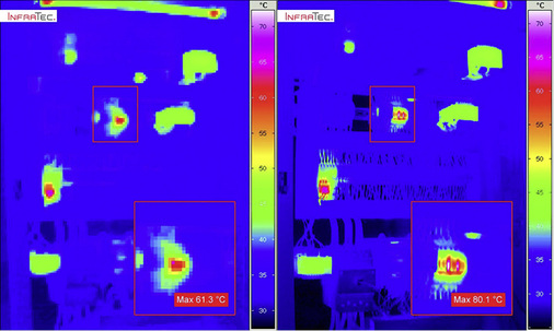 



Wichtig ist die Auflösung, denn Kameras mit hoher Detektorauflösung messen präziser – Vergleich der Detektorformate 160 x 120 (links) und 1280 x 960 (rechts) sowie der Messwerte.
