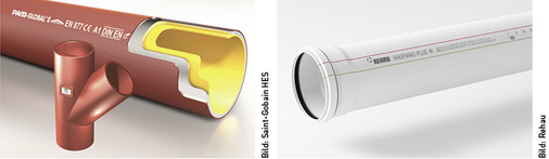 
Bei Abwassersystemen unterscheidet man im Allgemeinen zwischen metallenen Gussleitungen und Rohrleitungen aus Kunststoff.
