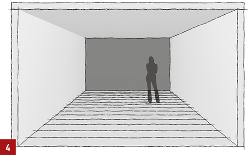 
Dunkle Stirnwände und/oder quer laufende Fugen/Muster lassen Schlauchräume kürzer erscheinen. 



