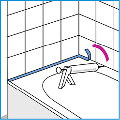 
Nach Verfliesen perforiertes, blaues Wannenrandschutzprofil abziehen und Fuge genügend breit mit Silikon ausarbeiten. Reststück dient als Fugenhinterfüllung (Rundschnur) und Schallentkopplung.




