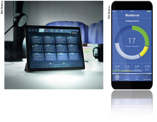 
Lösungen für den Heizungsfachmann: Über das Control Center ConnectPro (links) oder die App EasyControlPro (rechts) behält der Experte die Heizungsanlagen seiner Kunden im Blick und kann bei Störungen schnell und kompetent reagieren.

