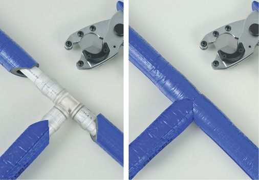 
Beim Steckfitting lässt sich die Dämmung mit der gleichen Stärke über den Fitting schieben.



