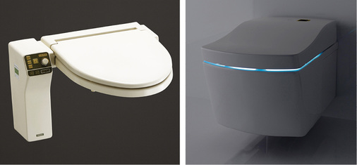 
Damals: Im Juni 1980 wurde das erste Washlet auf den Markt gebracht (links). Heute: das Hightech-Dusch-WC Neorest AC.



