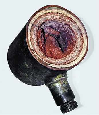 



Teilweise extreme Inkrustationen innerhalb von Rohrleitungen wirken für vorhandene Keime wie ein Schutzmantel. Maßstab der Temperaturmessung für eine thermische Desinfektion müsste deshalb die Materialtemperatur an der Rohr-Außenwand sein.
