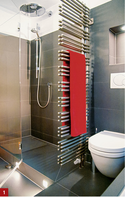 





1 Durch das L-förmige Podest entsteht der Eindruck einer bodengleichen Dusche.

