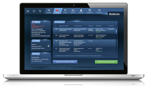 
Servicenetzwerk: Mit dem Control Center Connect von Buderus haben Servicebetriebe die Anlagen ihrer Kunden, deren Betriebsstatus und mögliche Fehlermeldungen stets im Blick. Die Analysen erlauben schon vor dem ersten Ortstermin eine Eingrenzung der möglichen Störung. 



