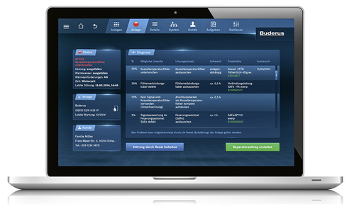 <p>
Servicenetzwerk: Mit dem Control Center Connect von Buderus haben Servicebetriebe die Anlagen ihrer Kunden, deren Betriebsstatus und mögliche Fehlermeldungen stets im Blick. Die Analysen erlauben schon vor dem ersten Ortstermin eine Eingrenzung der möglichen Störung. 
</p>

<p>
</p> - © Buderus

