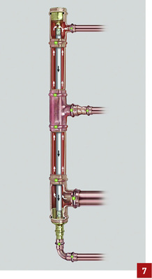 <p>
Funktionsweise Inlinertechnik: Über das Anschlussset (unten) gelangt das Warmwasser in den Steigstrang, wird am Ende in das innen liegende PB-Rohr umgelenkt und zurück zum Warmwasserspeicher geführt.
</p>

<p>
</p> - © Viega

