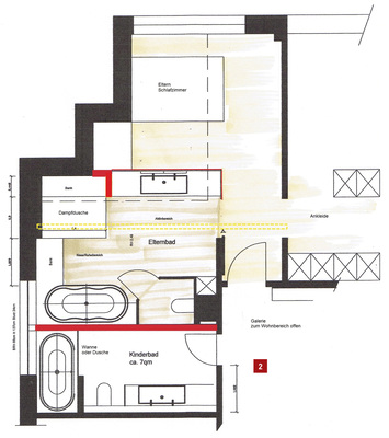 
Vorentwurf 1: Durch Flächenhinzunahme vom Schlafzimmer wären auch zwei getrennte Bäder realisierbar.



