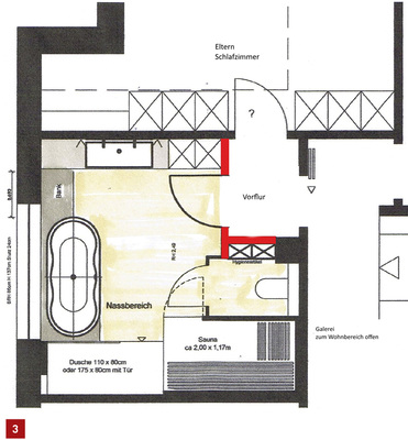 
Vorentwurf 2: Abtrennung eines kleinen Vorflures, um den Eltern einen intimeren Zugang zum Bad – nicht über die Wohngalerie – zu ermöglichen.



