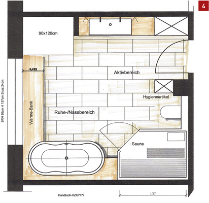 



Vorentwurf 3: Variante ohne Vorflur, dafür die Wanne nicht vor dem Fenster für bessere Bedienbarkeit. Insgesamt entsteht jedoch eine große, leere und ungenutzte Freifläche.
