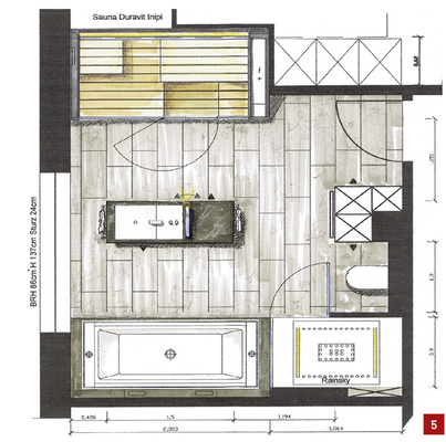 
Vorentwurf 4: Wie ein Küchenblock präsentiert sich der Waschplatz – zentral und kommunikativ. 



