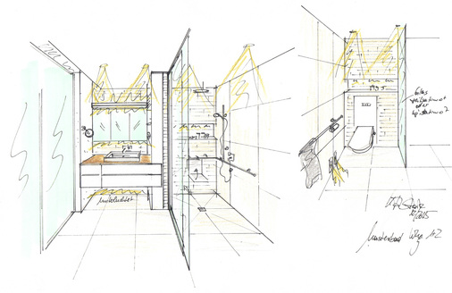 
In den Skizzen wurde schon die Anordnung der Fliesen passend zur Badgestaltung angelegt.



