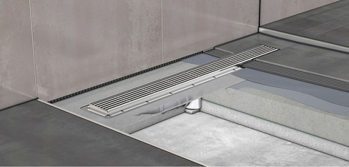 
Bodenaufbau eines barrierefreien Duschplatzes mit der Edelstahl-Duschrinne Aco ShowerDrain E+ mit flüssig zu verarbeitenden Abdichtungsstoffen im Verbund mit Fliesen.



