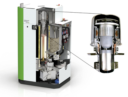 <p>
Das Kombigerät „Pelletmatic Smart_e“ von Ökofen besteht aus Pelletbrennwertmodul, Stirlingmotor und 600 Liter-Schichtspeicher. Der Stirlingmotor produziert 600 W Wechselstrom (50 Hz) bei 9 kWth (Spitzenlast: 13 kWth).
</p>

<p>
</p> - © Ökofen

