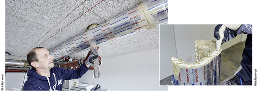 
Auch Stoßfugen zu den benachbarten Rohrschalen werden zunächst mit Conlit Fix verklebt, dann mit dem Alufix-Klebeband von Rockwool verschlossen.
