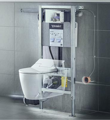 <p>
Das DuraSystem von Duravit ist für WC, Urinal, Waschtisch und Bidet erhältlich. Vor der Wand bietet es optisch wie haptisch ansprechende Betätigungsplatten.
</p>

<p>
</p> - © Duravit

