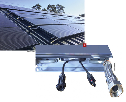 
Beim PVT-Kollektor „Solink“ sorgt auf der Unterseite eines 2 m2 großen XL-Photovoltaikmoduls ein spezieller Luftwärmetauscher mit einer Oberfläche von 20 m
2
 für eine hohe Strom-Leistungsaufnahme und eine gleichzeitige Nutzung der Modulabwärme.
