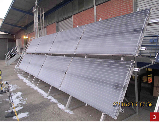 



Das auf Vorder- und Rückseite gebildete Eis löst sich schnell, sobald die Kollektortemperatur über 0 °C steigt. Das Eis an der Rückseite muss nicht komplett aufgeschmolzen werden, es genügt ein Antauen der Kontaktfläche, dann fällt das Eis ab.
