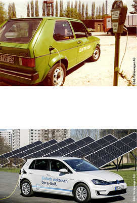 
Damals und heute: Die Ladesäule des elektrifizierten Golf E 1 in den 70er-Jahren musste nicht mit anderen Energieverbrauchern kommunizieren. Bei der weiteren Verbreitung der E-Autos, wie dem aktuellen E-Golf von VW, wird es maßgeblich sein, dass sich ihr Ladevorgang vernetzt steuern lässt – auch mit Blick auf die Betriebssicherheit der Stromnetze und -verbraucher, wie etwa elektrischer Heizsysteme.
